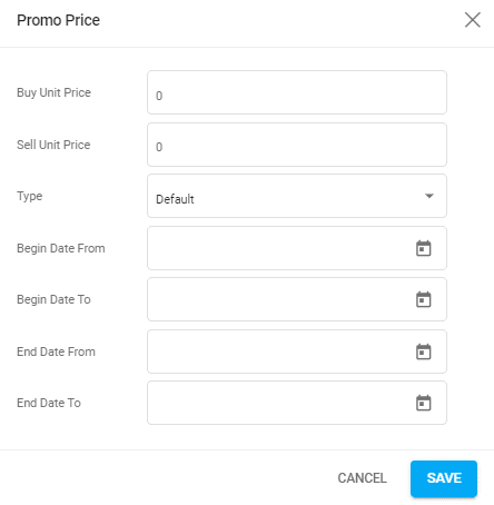 A screenshot of the promo price add window for a default promo price.