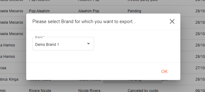 A screenshot showing the brand selection window for the export