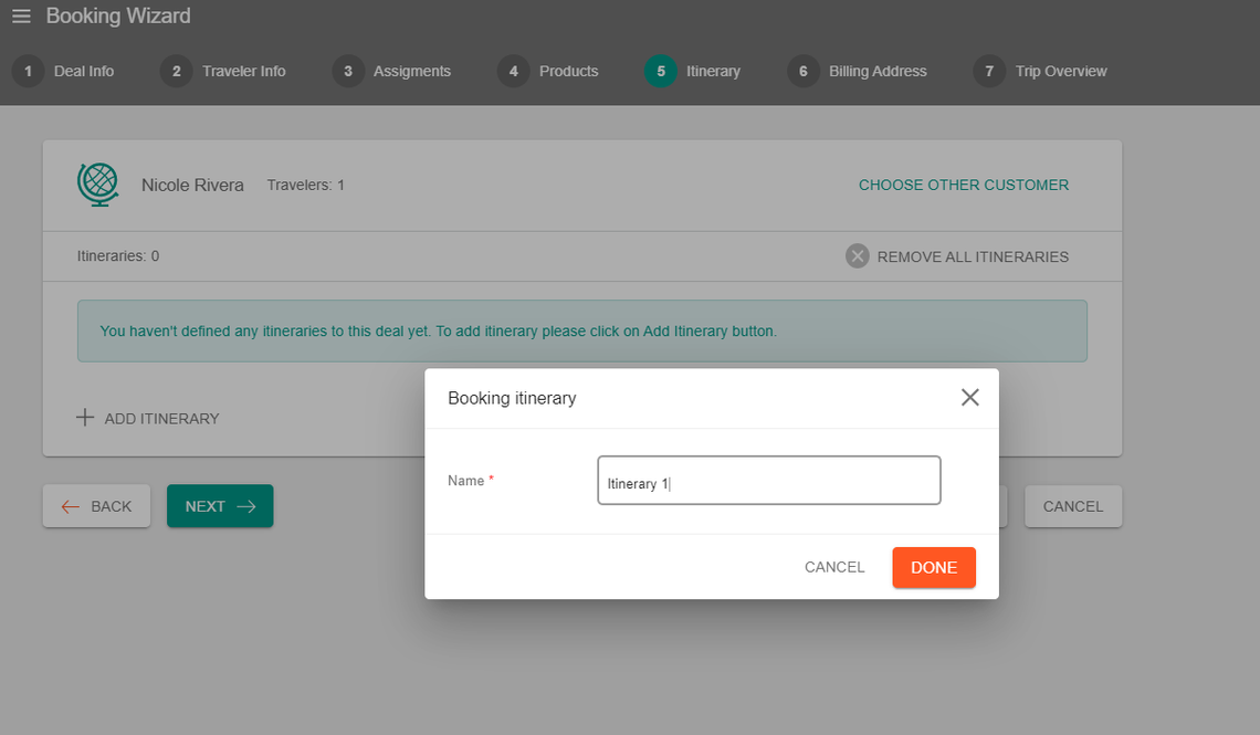 A screenshot showing the itinerary input field in a new deal