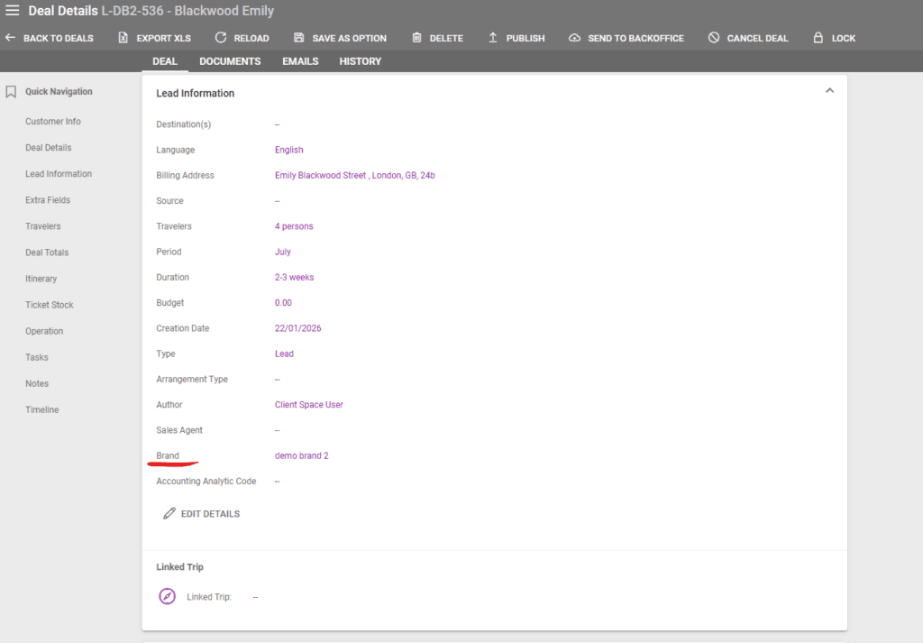 A screenshot showing the Brand field in Deal Details for Lead type deals 
