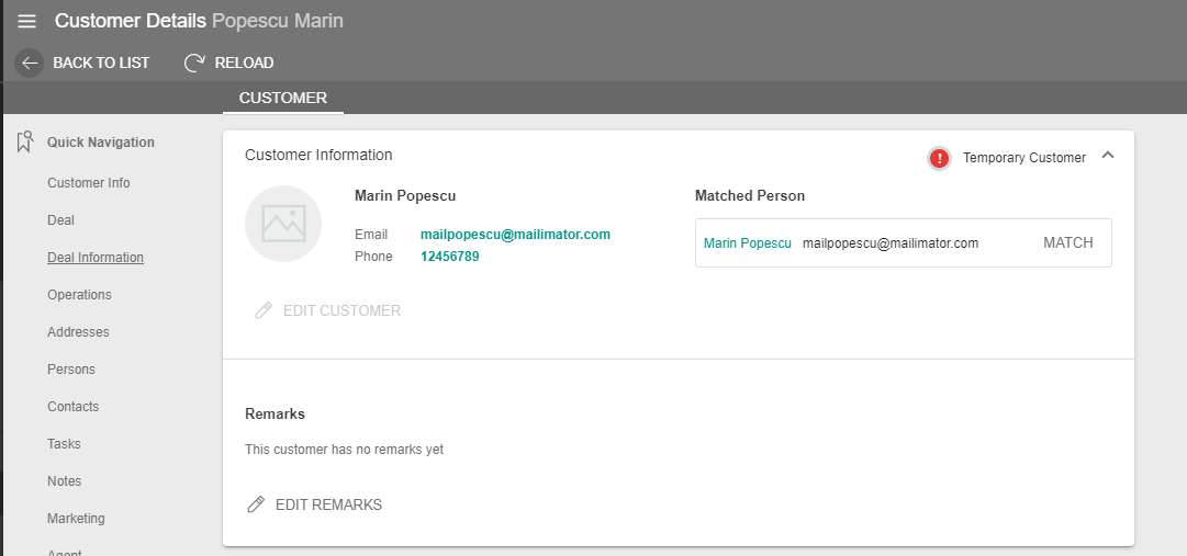 A screenshot showing the customer's profile and the temporary customer button