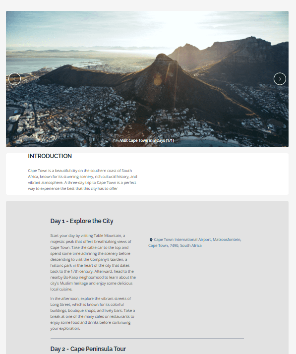 A screenshot of a website with a trip