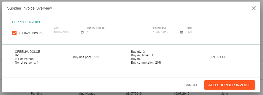 A screenshot showing the supplier invoice overview