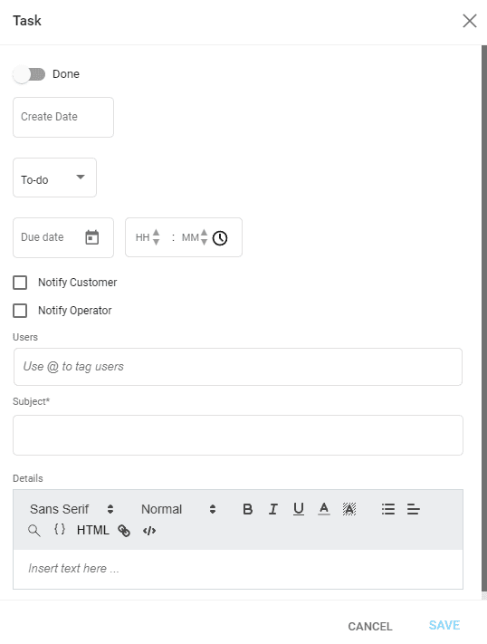A screenshot of our travel management software showing the two fields for subject and users when creating a task.