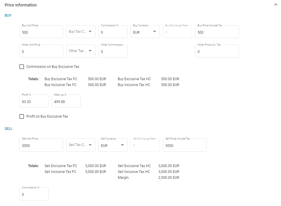 A screenshot showing the buy and sell price fields in our tour operator software