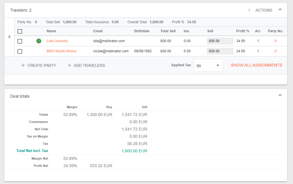 A screenshot showing the deal totals and the traveler table