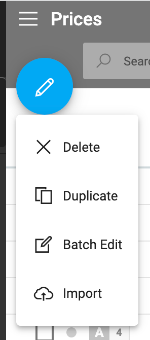 A screenshot showing the edit menu in the prices list