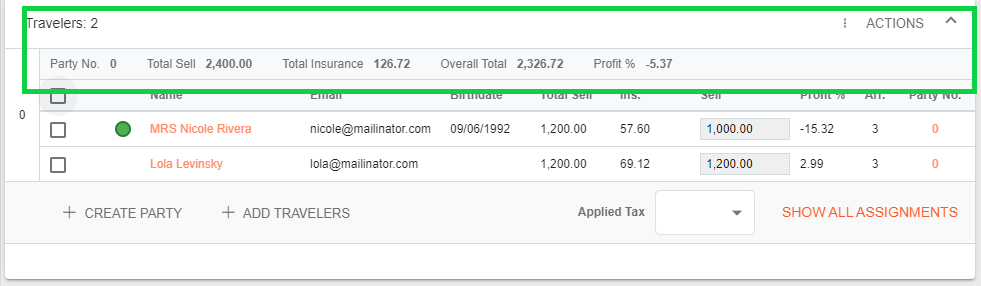 A screenshot showing the header section of a traveler table in a deal