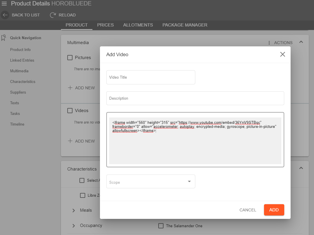 A screenshot showing the add video window in a product and the video embed input field