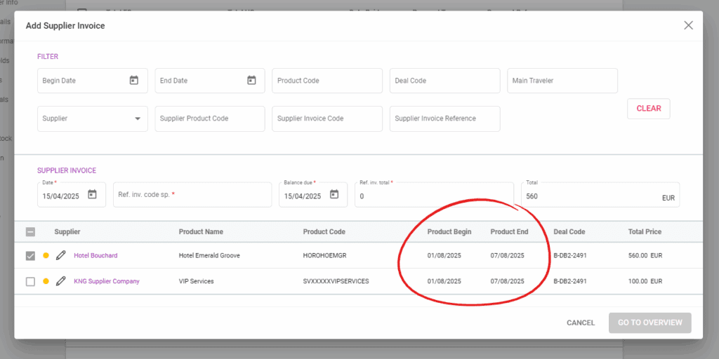 A screenshot showing the new Product Begin and End columns when creating a Supplier Invoice