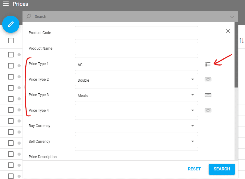 A screenshot of our travel management software showing the new search option for price types 1-4.