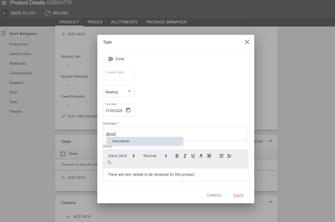 A screenshot showing the new task window and how to mention a specific user for it