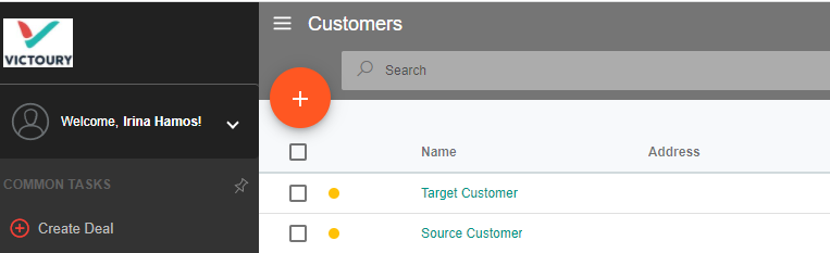 A screenshot showing the target and source customer of the merge in the customers list