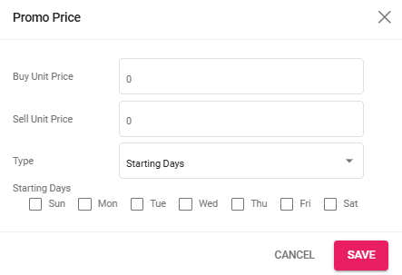A screenshot of the promo price add window for a starting days promo price.