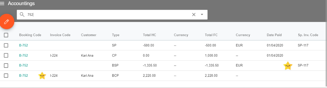 A screenshot showing four payment entries in the accounting tab and the related invoices