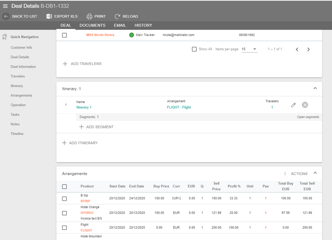 A screenshot showing the itinerary segment in an already completed deal's details