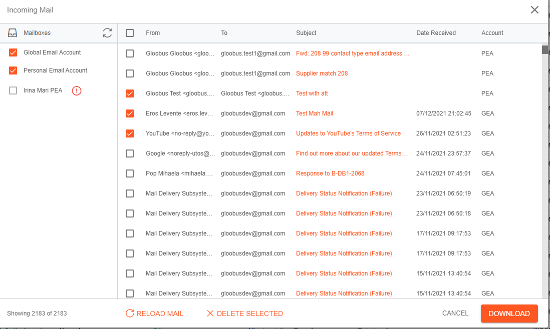 A screenshot with the email list to be imported