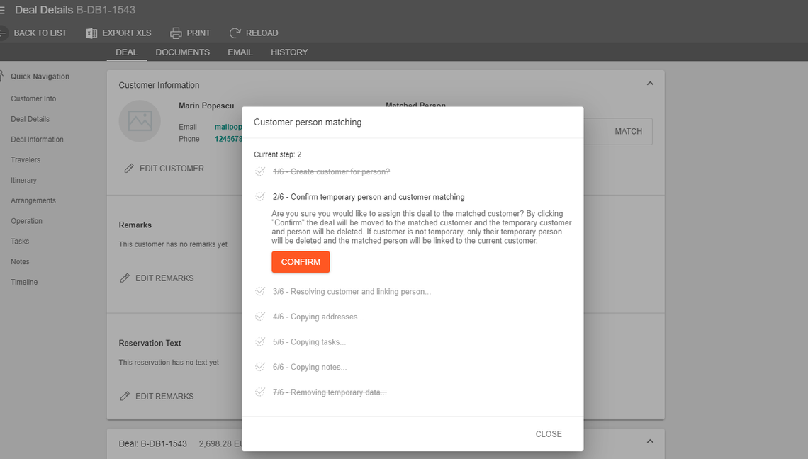A screenshot showing the match customer confirmation window