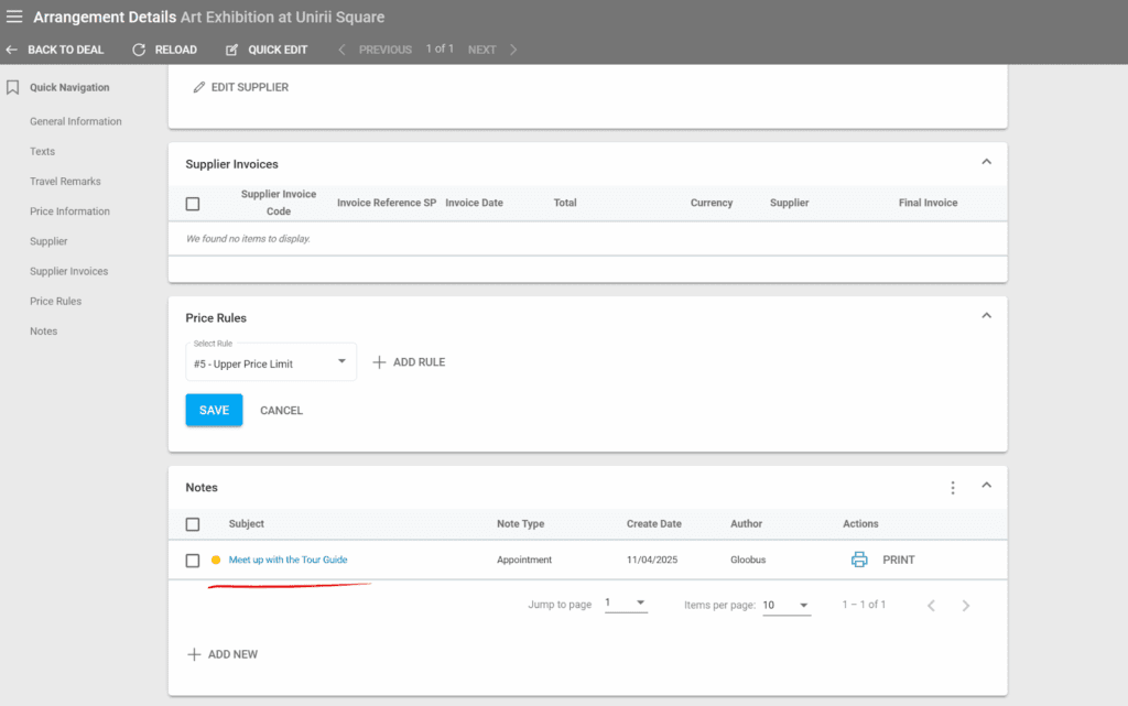 A screenshot showing the new Note section in an Arrangement's Details