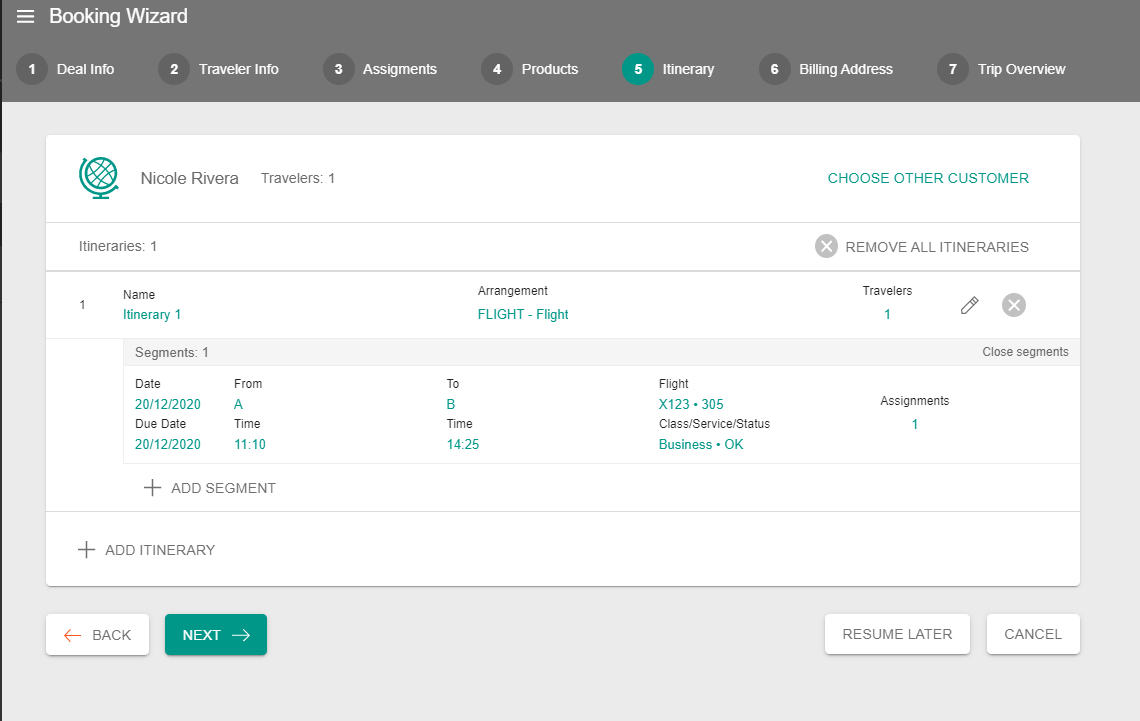 A screenshot showing the itinerary section of a deal with the filled in itinerary segments with information about the flights