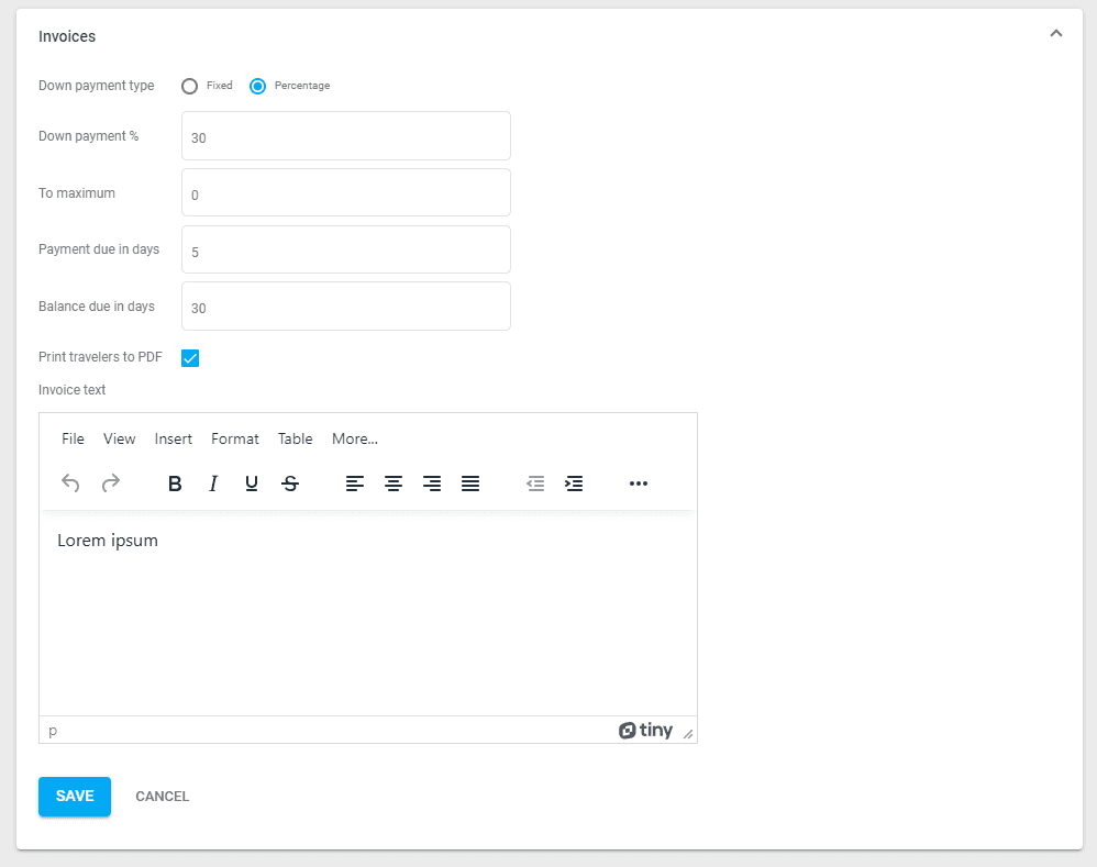 A screenshot showing the invoice settings in the financial settings with the options for down payments