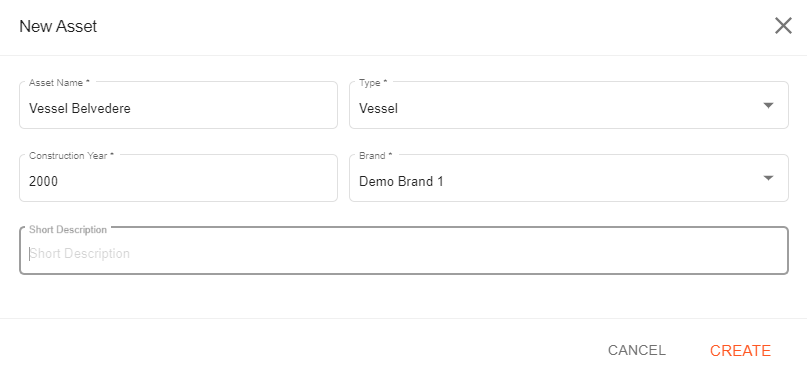 A screenshot showing the input fields for the new asset