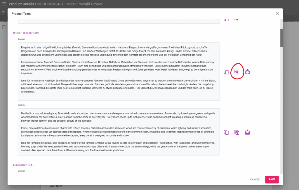 A screenshot showing the AI translation feature in a Product's Text Fields