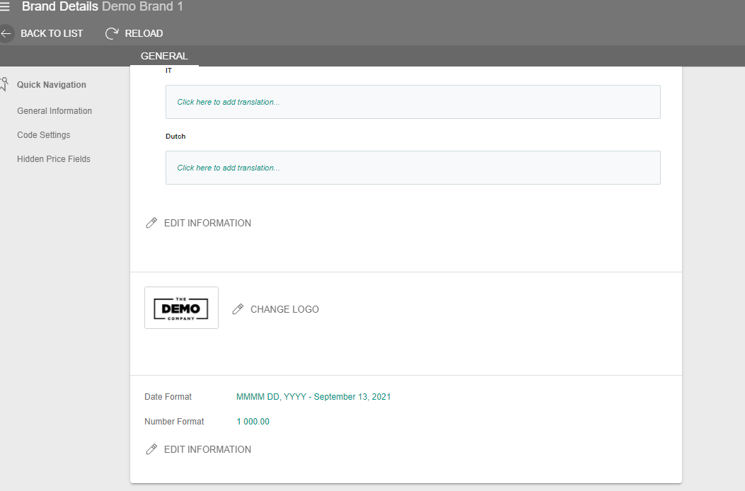 A screenshot showing the brand date and number format settings 