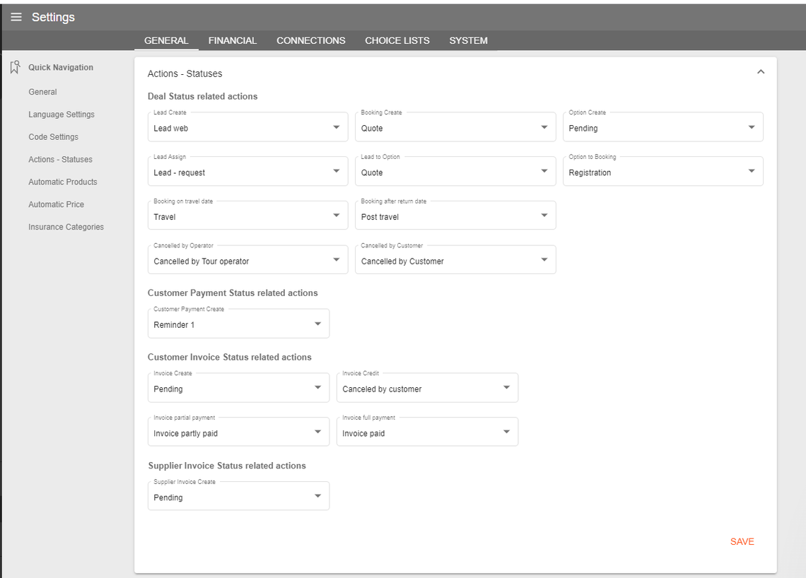 A screenshot showing the general settings in your account. The Action statuses section is in view