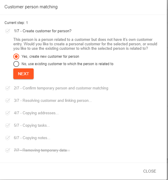 A screenshot showing the customer matching window in more detail