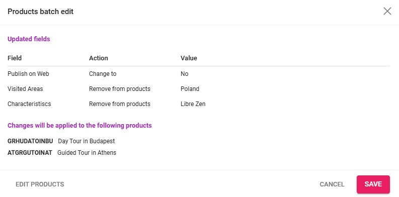 A screenshot showing the product batch edit preview window