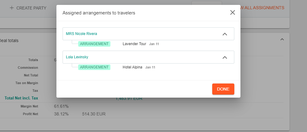 A screenshot showing the assigned arrangements to travelers