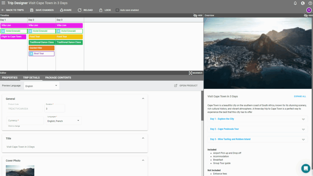 A screenshot showing a trip build with Victoury's trip designer 