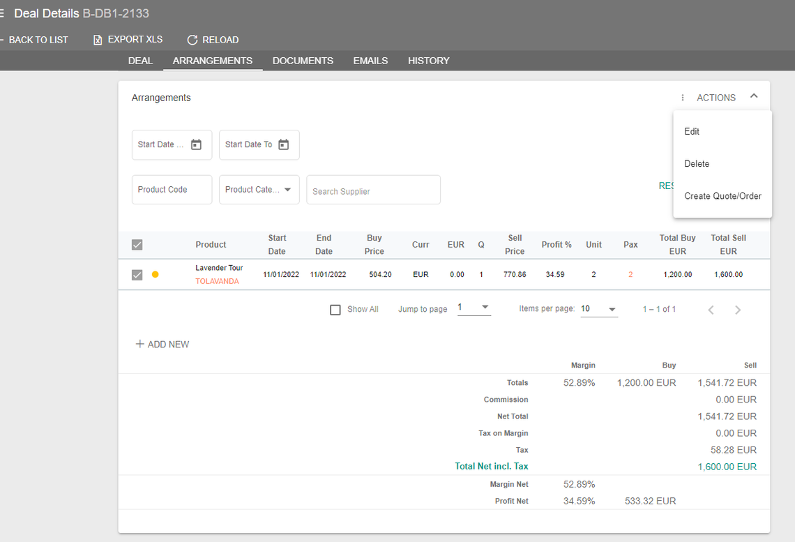 A screenshot showing the arrangements tab in a deal