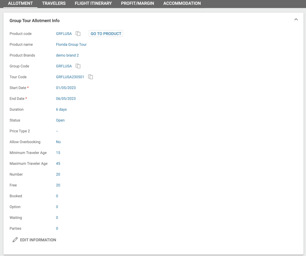 A screenshot showing the group tour allotment general information section