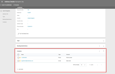 Screenshot of our travel management software showing the new contacts section in addresses
