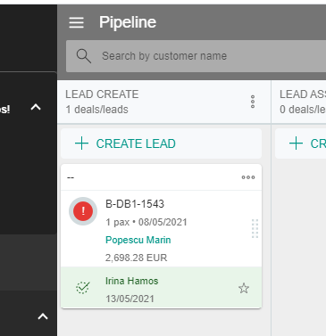 A screenshot showing the new lead in the pipeline tab