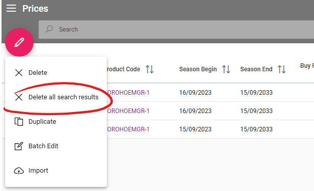 A screenshot showing the new delete all search results feature in the prices listing