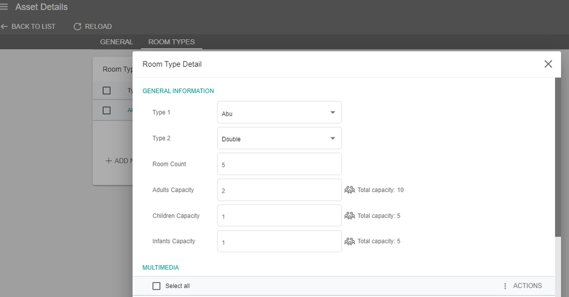 A screenshot showing the general information of a room type asset