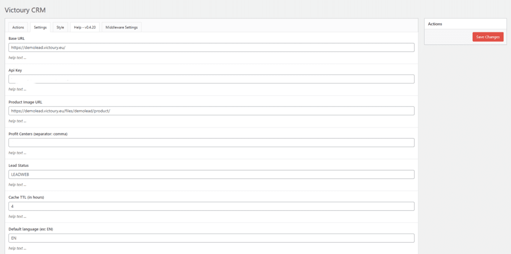 A screenshot showing the WordPress settings for the Victoury plugin