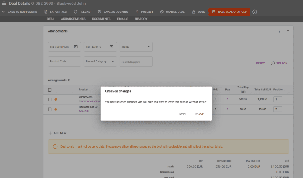 A screenshot showing the new unsaved changes dialog when attempting to leave the arrangements tab in Deal Details 