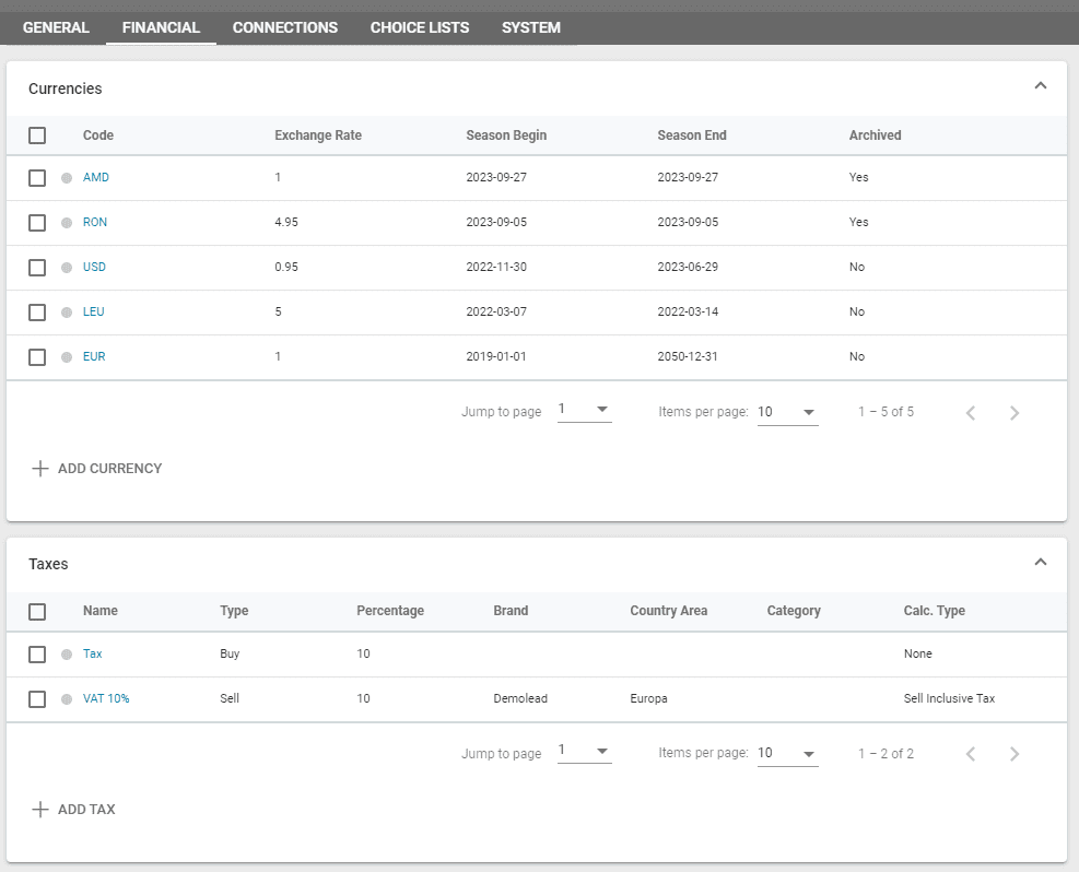 A screenshot showing the financial settings such as currencies and taxes which are applicable to fares