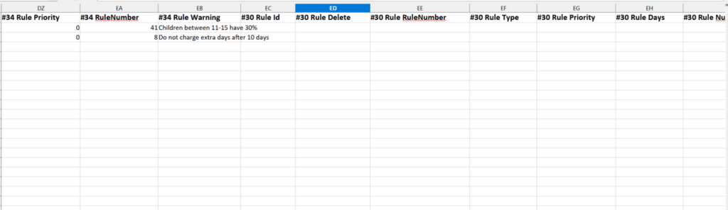 A screenshot of our travel management software showing the new columns related to price rules when using the price export to excle.