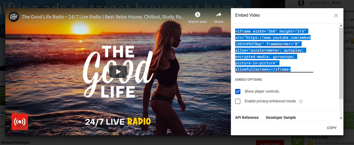 A screenshot showing how to get the embed link form a YouTube video