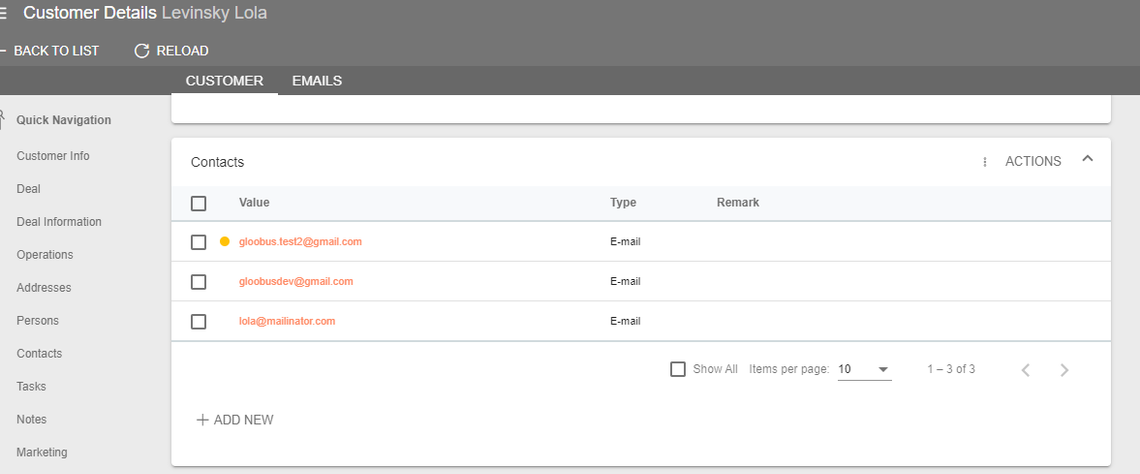 A screenshot showing the contacts under a customer's profile