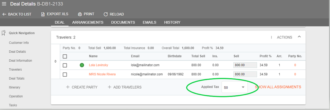 A screenshot showing the applied tax drop down menu 