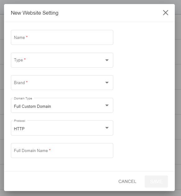 A screenshot showing the new website window and its input fields