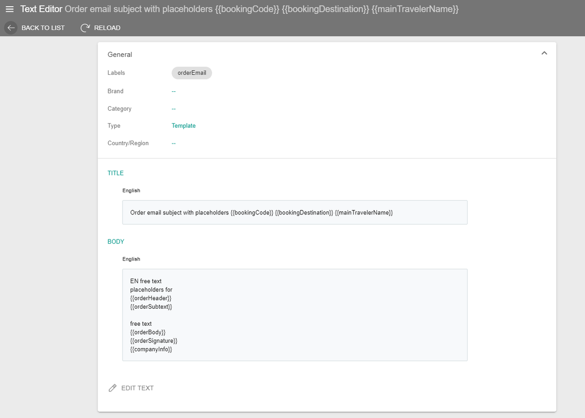 A screenshot showing an example of a text library entry for the order email