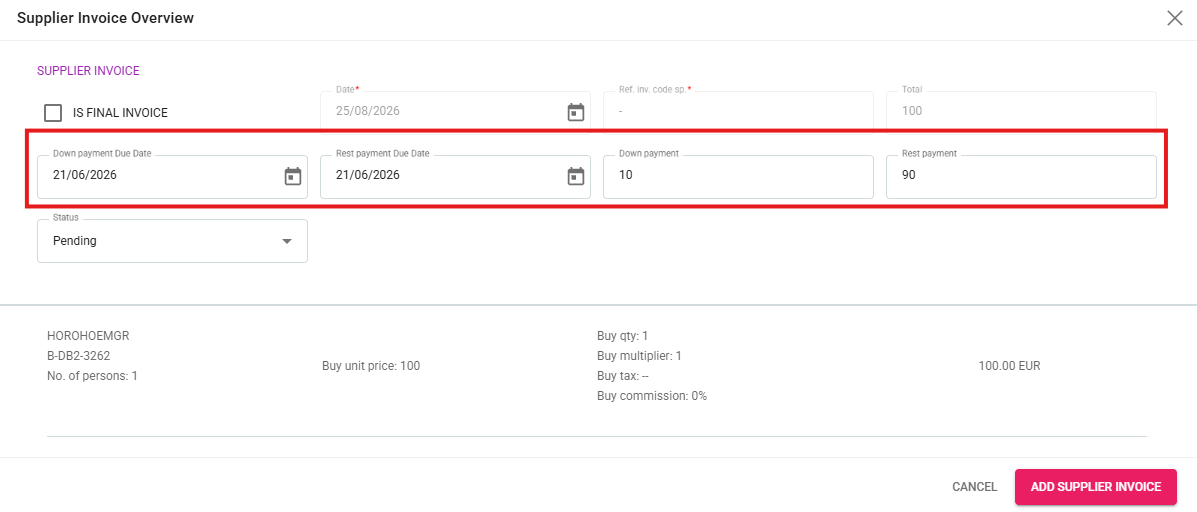 Screenshot of our travel management software showing supplier invoice down and rest payment fields