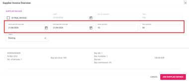 Screenshot of our travel management software showing supplier invoice down and rest payment fields